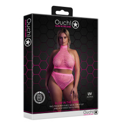 Ouch! Glow Ensemble Bustier et Culotte Filet Rose Fluo